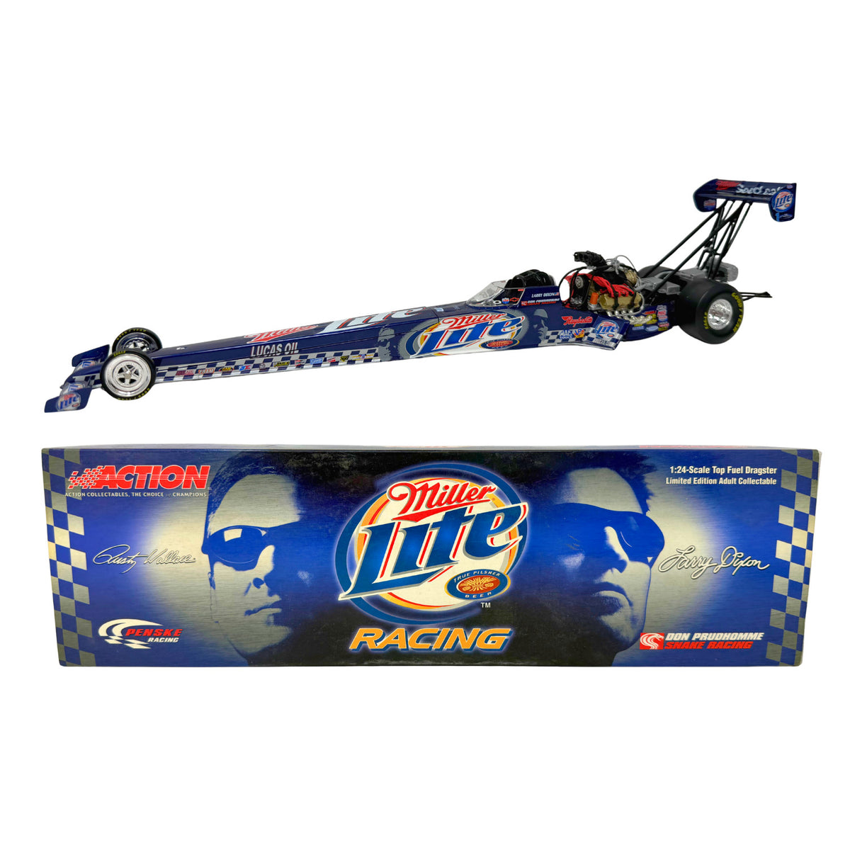 Action NHRA 2004 Larry Dixon Miller Lite Commemorative Can Series Top Fuel Dragster 1:24 Diecast Blue Silver