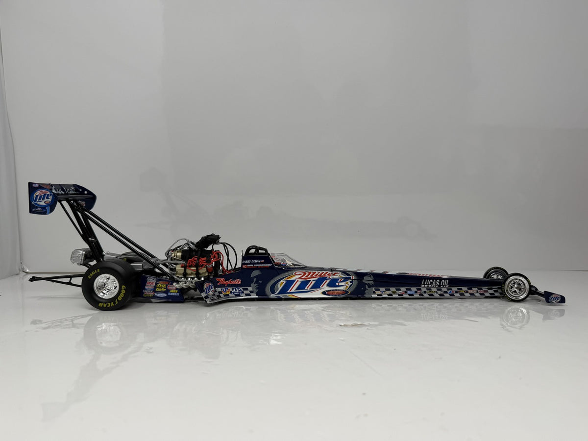 Action NHRA 2004 Larry Dixon Miller Lite Commemorative Can Series Top Fuel Dragster 1:24 Diecast Blue Silver
