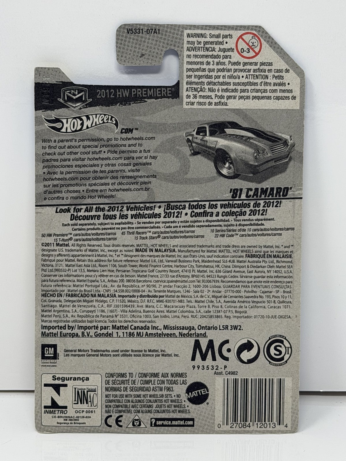 Hot Wheels 2012 HW Premiere 1981 Chevrolet Camaro 1:64 Diecast Silver