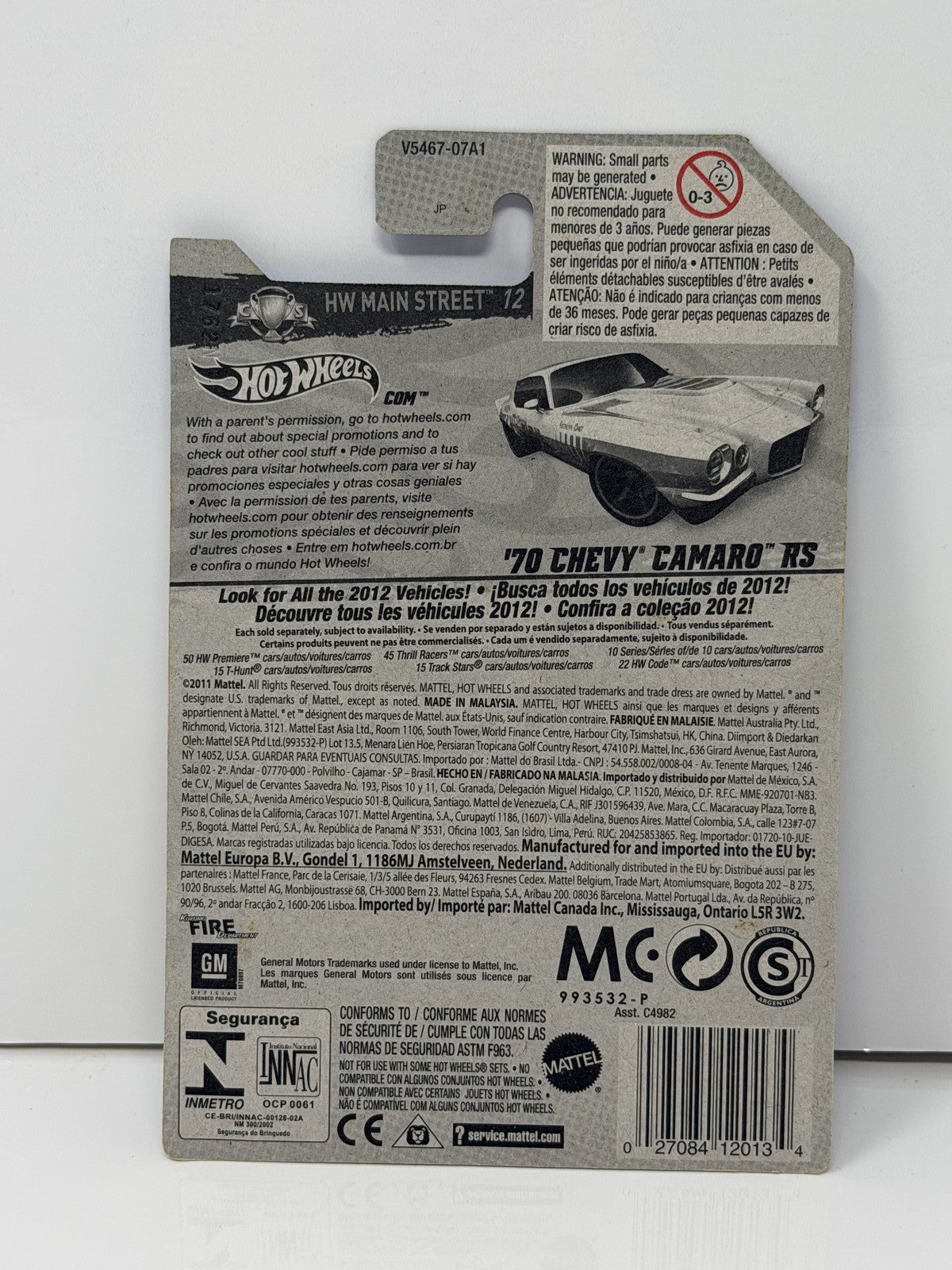 Hot Wheels HW Main Street 1970 Chevrolet Camaro RS 1:64 Diecast White