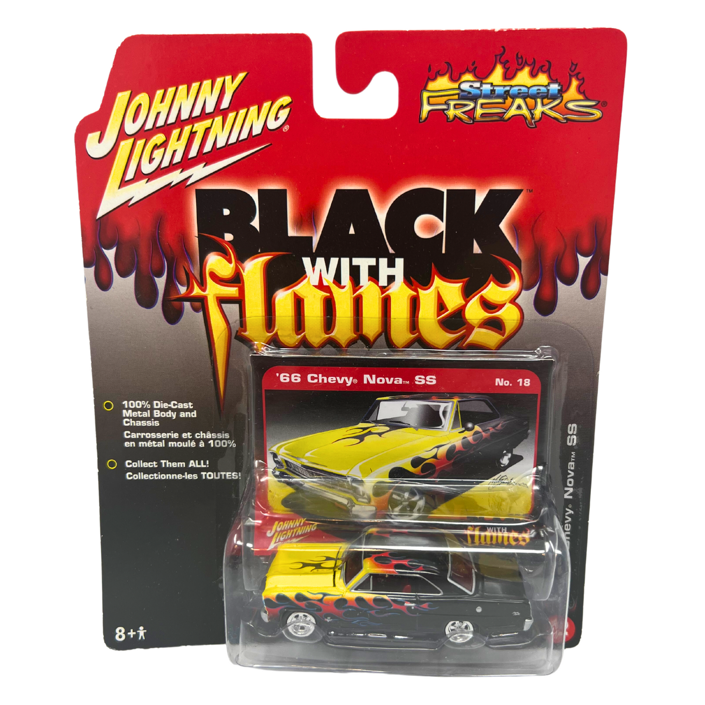 Johnny Lightning Black with Flames 1966 Chevy Nova SS 1:64 Diecast