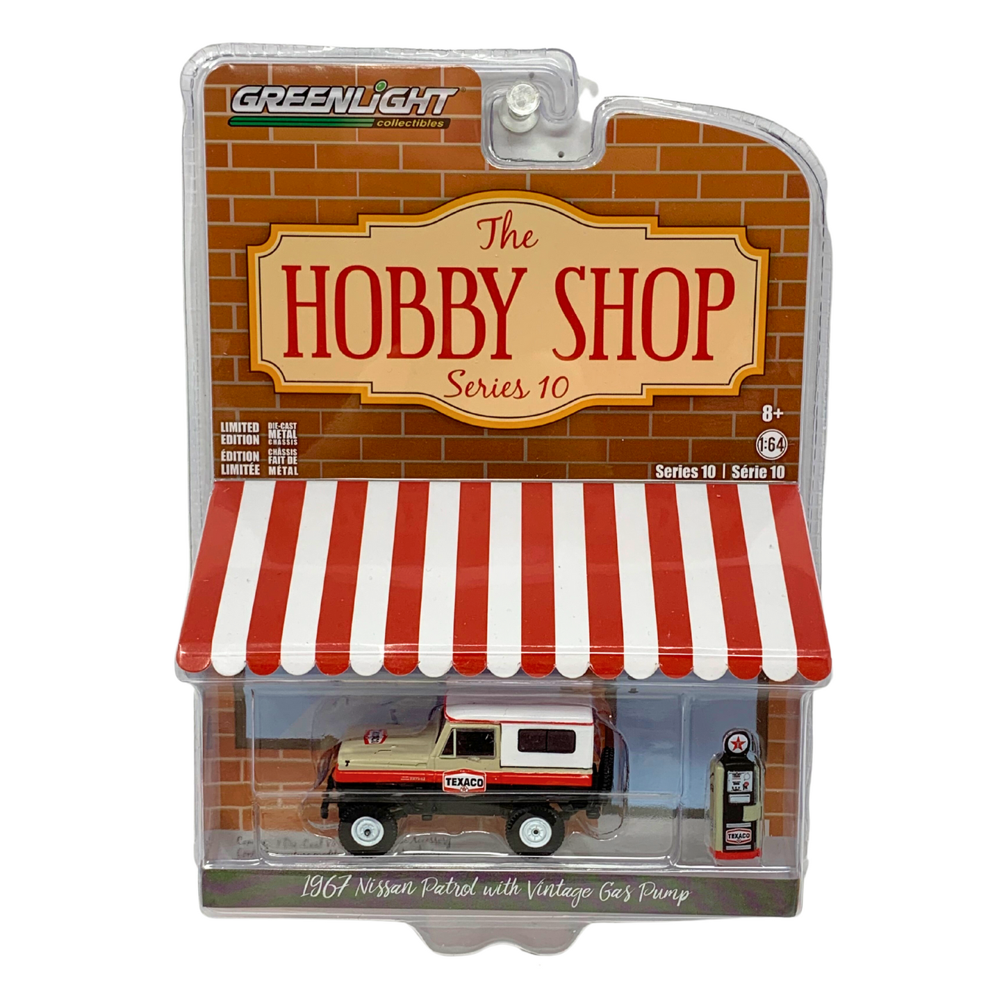 Greenlight The Hobby Shop 1967 Nissan Patrol w/ Vintage Gas Pump 1:64 Diecast