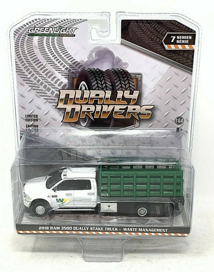 Greenlight Dually Drivers 2018 Ram 3500 Dually Stake Truck Waste 1:64 Diecast