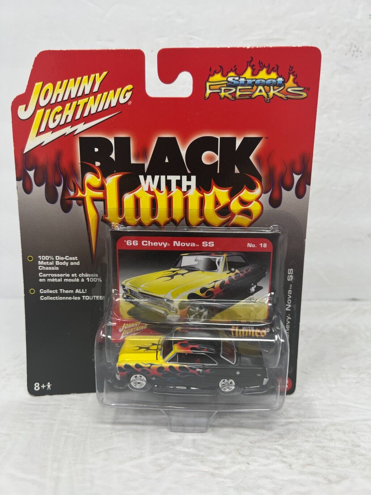 Johnny Lightning Black with Flames 1966 Chevy Nova SS 1:64 Diecast