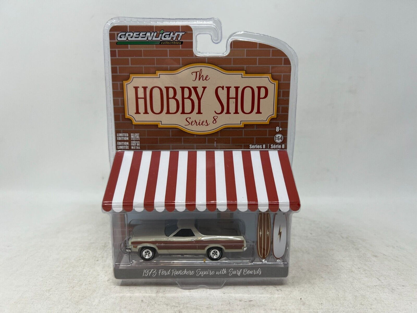 Greenlight The Hobby Shop 1973 Ford Ranchero Squire w/ Surf Boards 1:64 Diecast