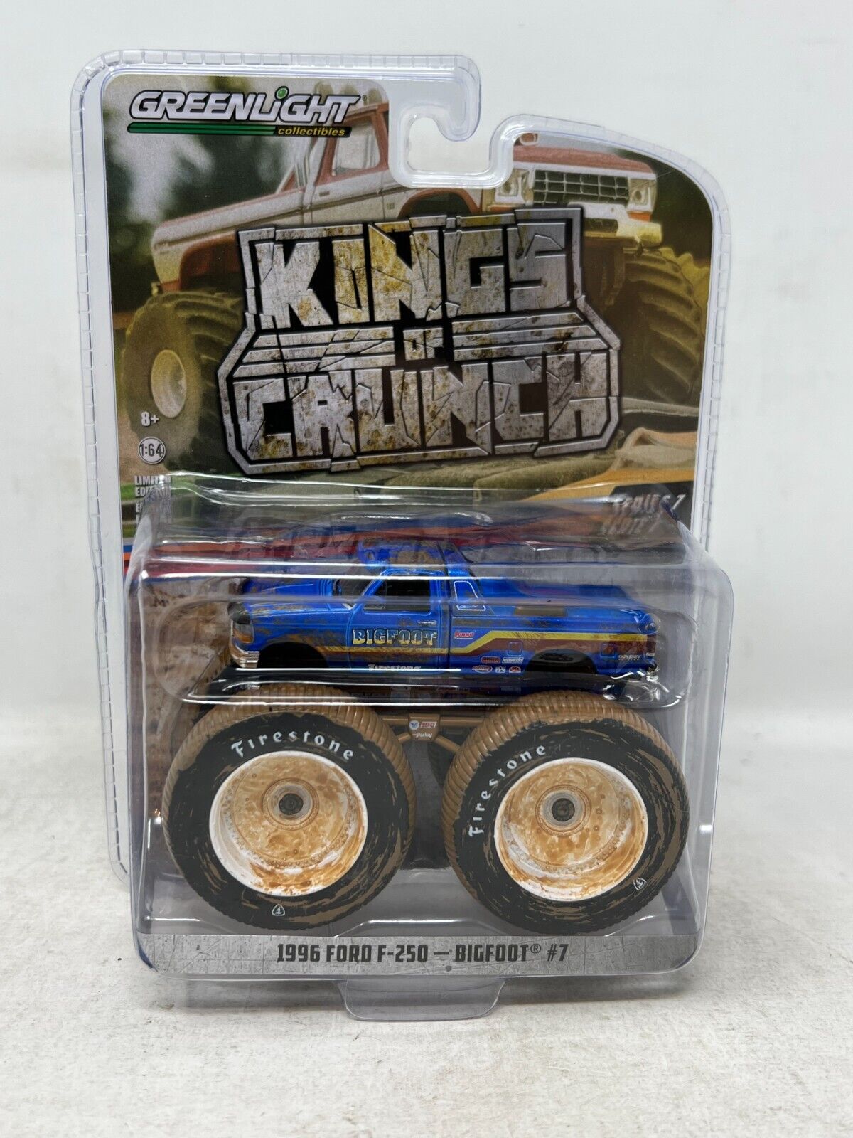 Greenlight Kings of Crunch 1996 Ford F-250 Bigfoot #7 Muddy Tires 1:64 Diecast