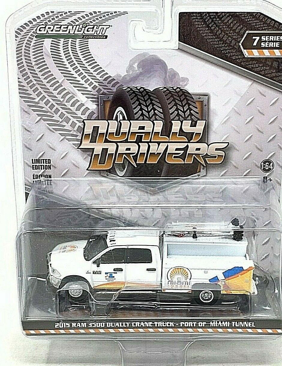 Greenlight Dually Drivers 2015 Ram 3500 Crane Truck Port of Miami 1:64 Diecast