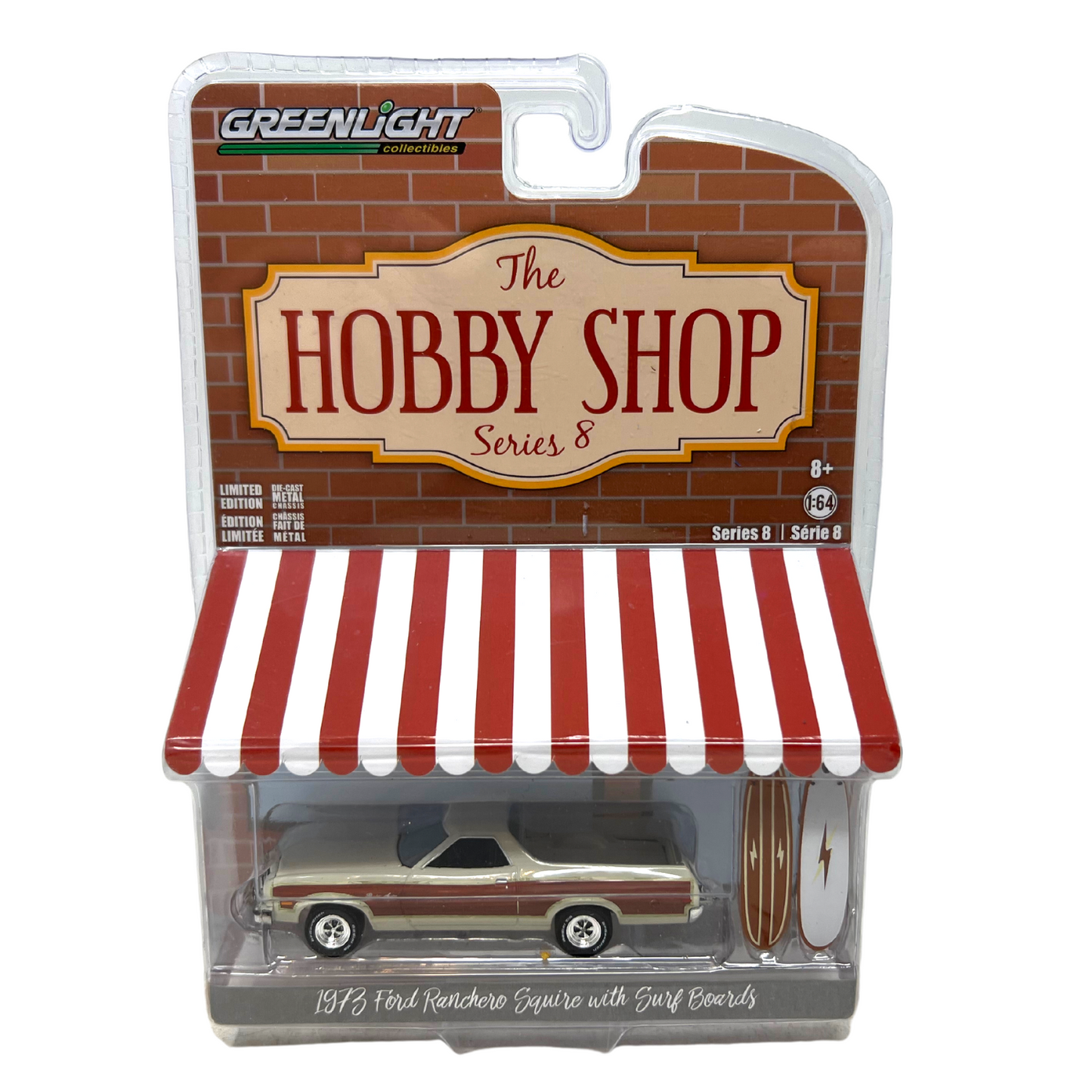 Greenlight The Hobby Shop 1973 Ford Ranchero Squire w/ Surf Boards 1:64 Diecast