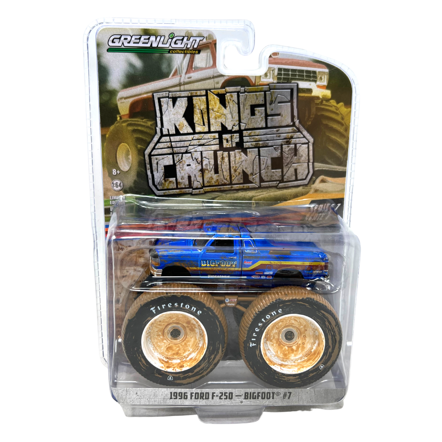 Greenlight Kings of Crunch 1996 Ford F-250 Bigfoot #7 Muddy Tires 1:64 Diecast