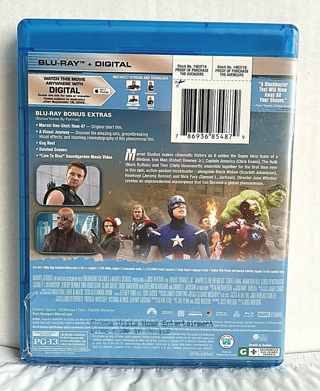 The Avengers (Blu-ray, 2017) Robert Downey Jr. Chris Evans Marvel Good Condition