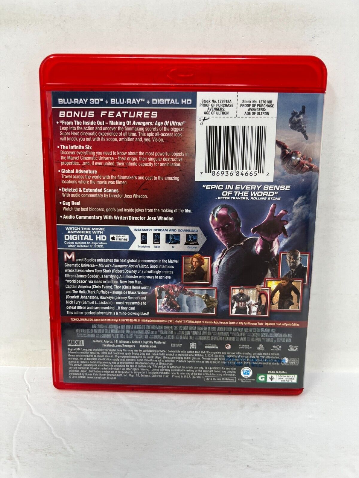 Avengers Age of Ultron (Blu-ray 3D, 2015) Marvel Good Condition!!!