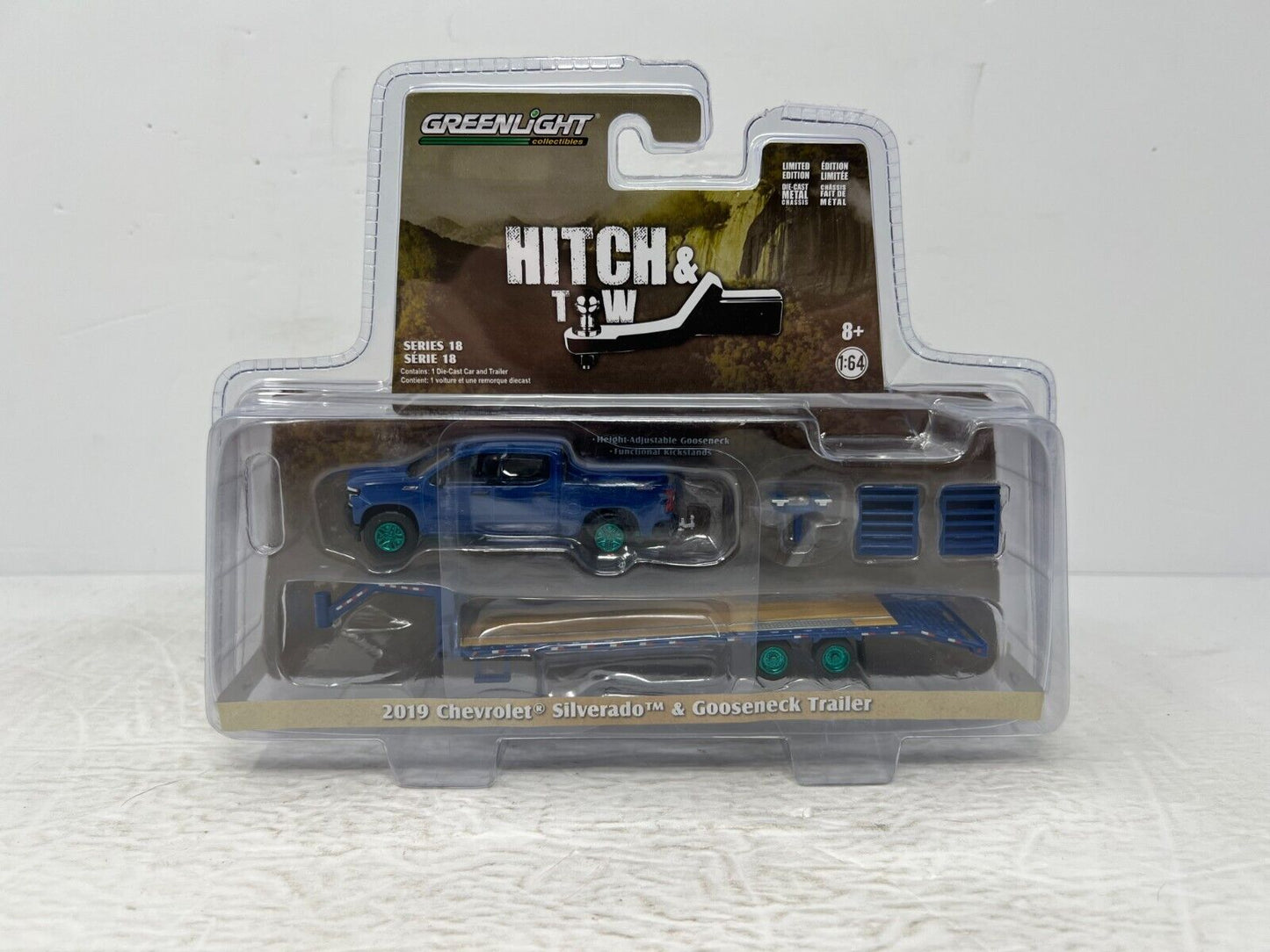 Greenlight Hitch & Tow 2019 Chevy Silverado & Trailer Green Machine 1:64 Diecast