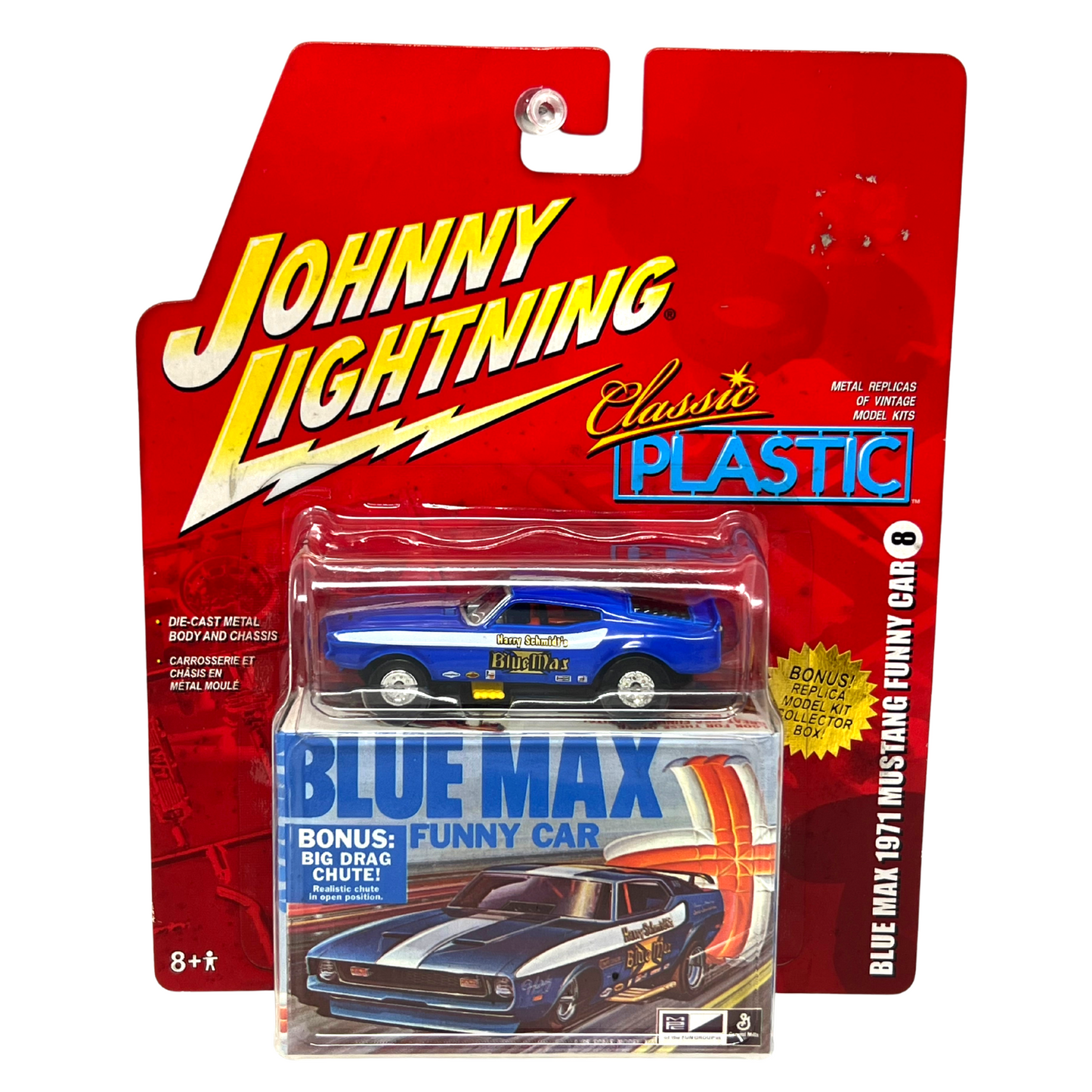 Johnny Lightning Classic Plastic Blue Max 1971 Mustang Funny Car 1:64 Diecast