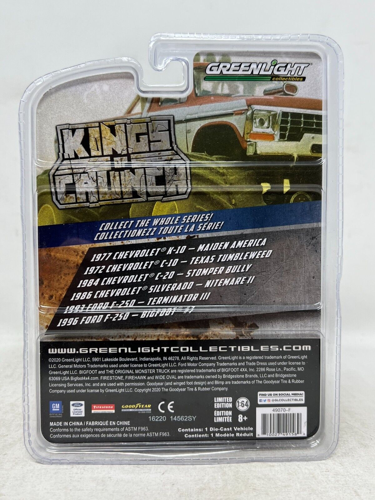 Greenlight Kings of Crunch 1996 Ford F-250 Bigfoot #7 Muddy Tires 1:64 Diecast