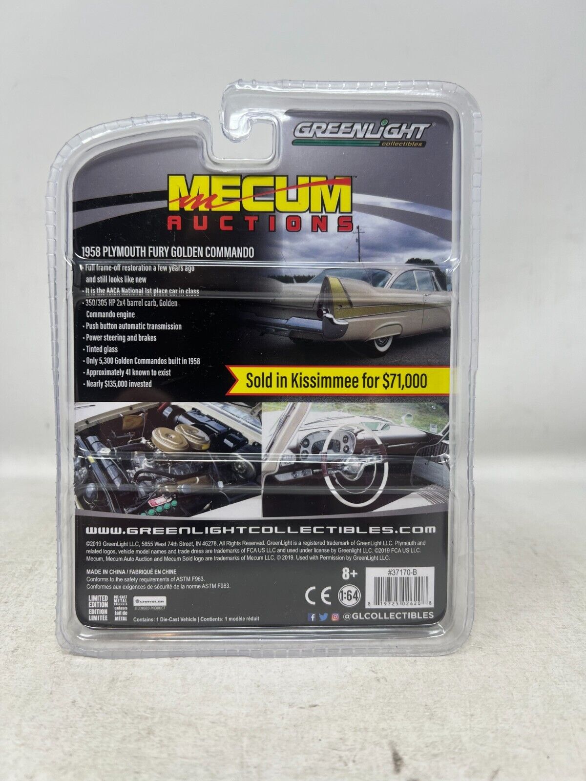 Greenlight Mecum Auctions 1958 Plymouth Fury Golden Commando 1:64 Diecast